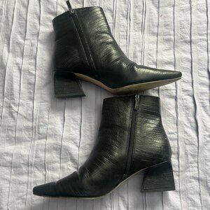 Black Leather Upper Low-Heel Booties